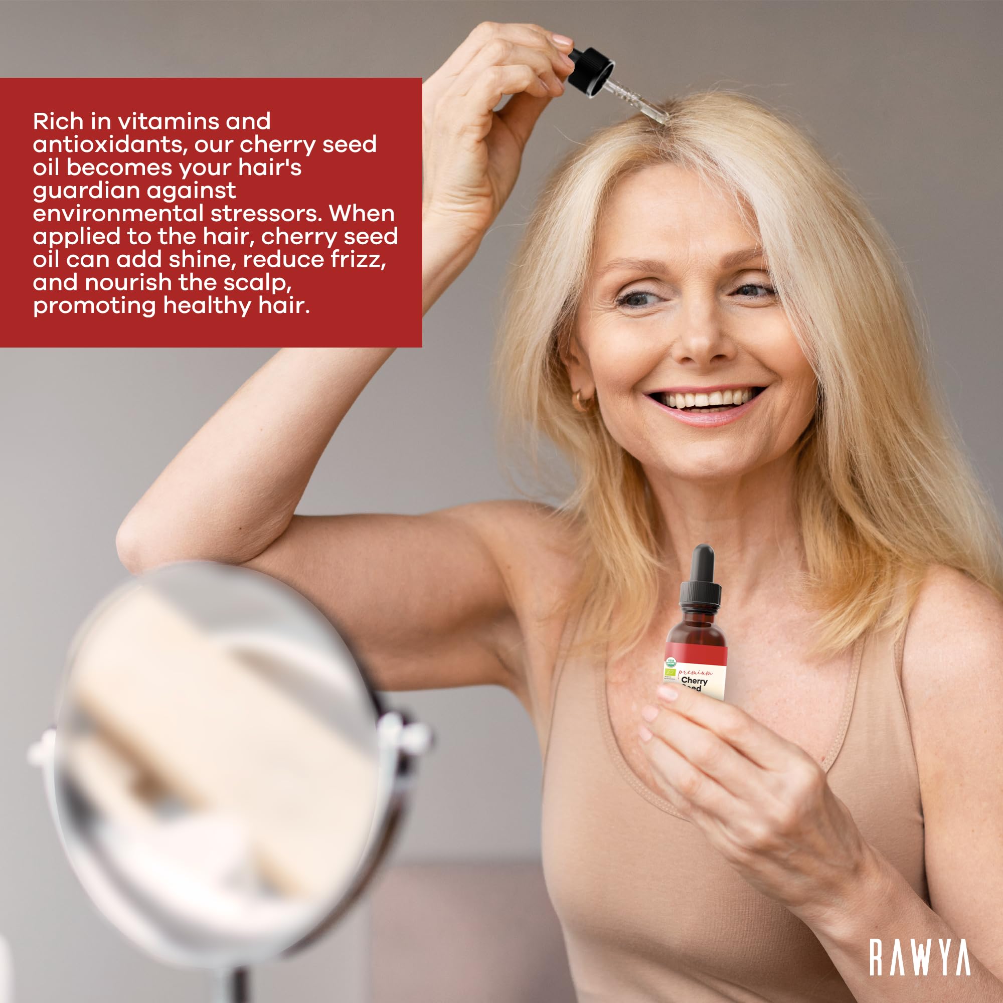 Nourishing finish on hair ends with a light sheen and smooth feel.