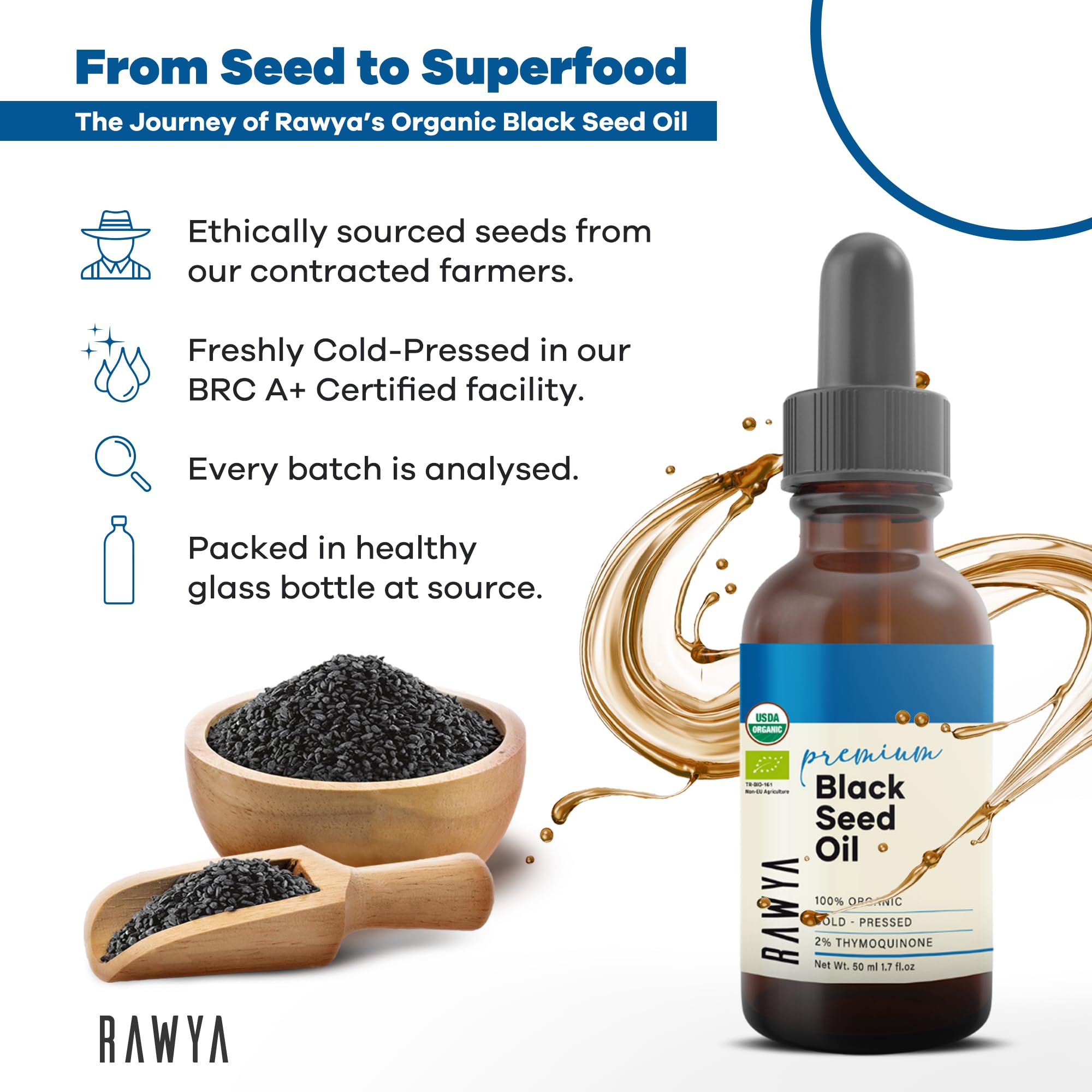 RAWYA Black Seed Oil hair care application showcases potential shine.