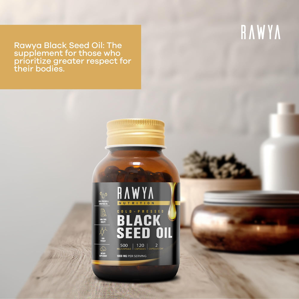 RAWYA softgel capsules close-up highlighting convenient 500mg daily capsules.