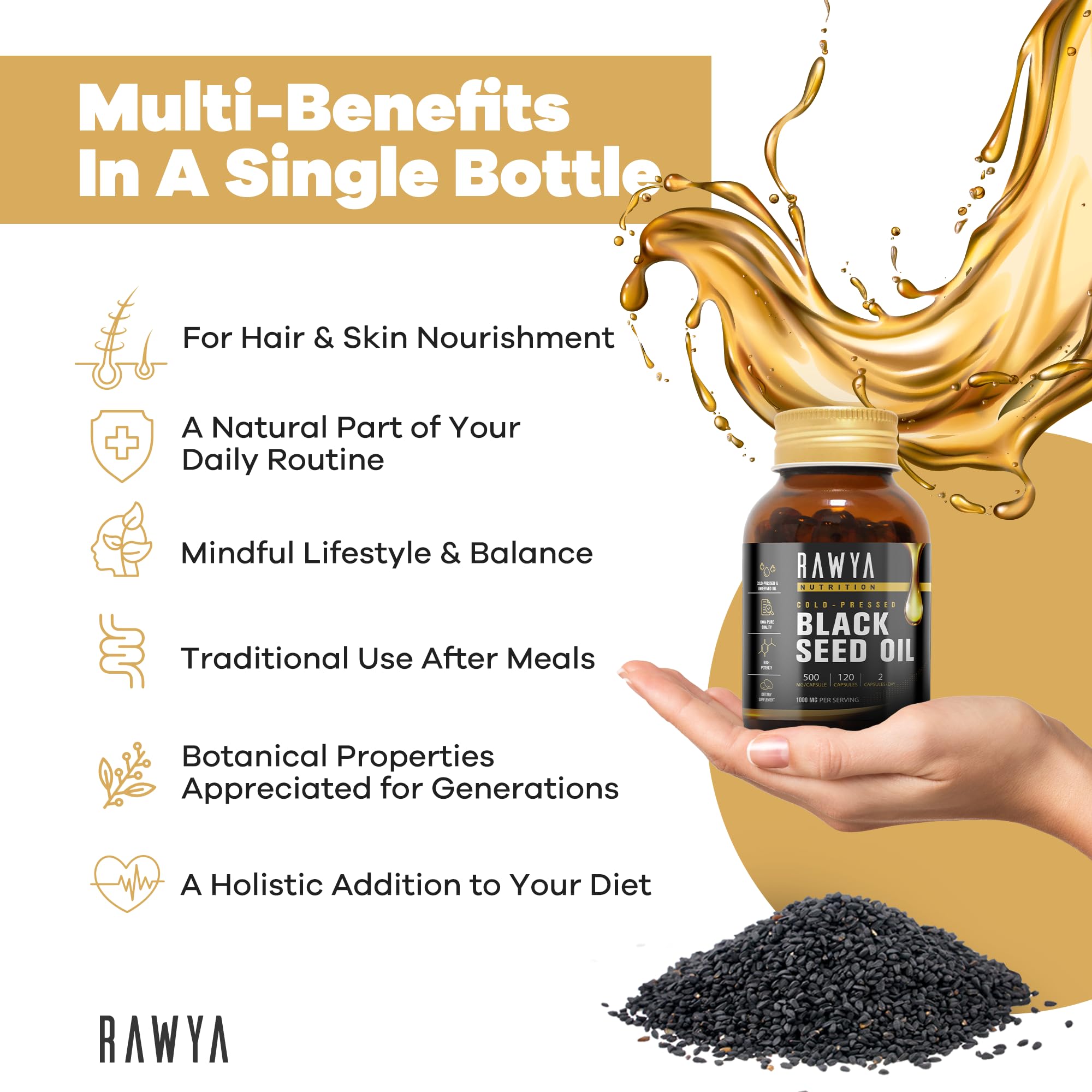 RAWYA wellness setup with glass of water suggests simple daily intake.