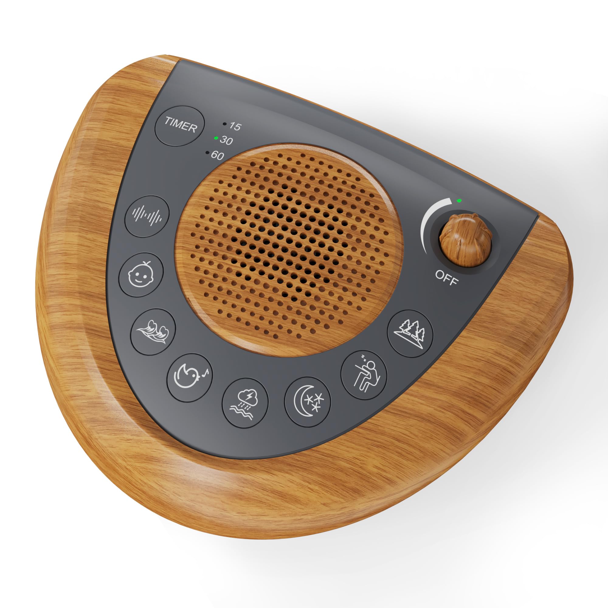 Raynic Noise Machine with a warm wood-grain finish for a cozy sleep setup.