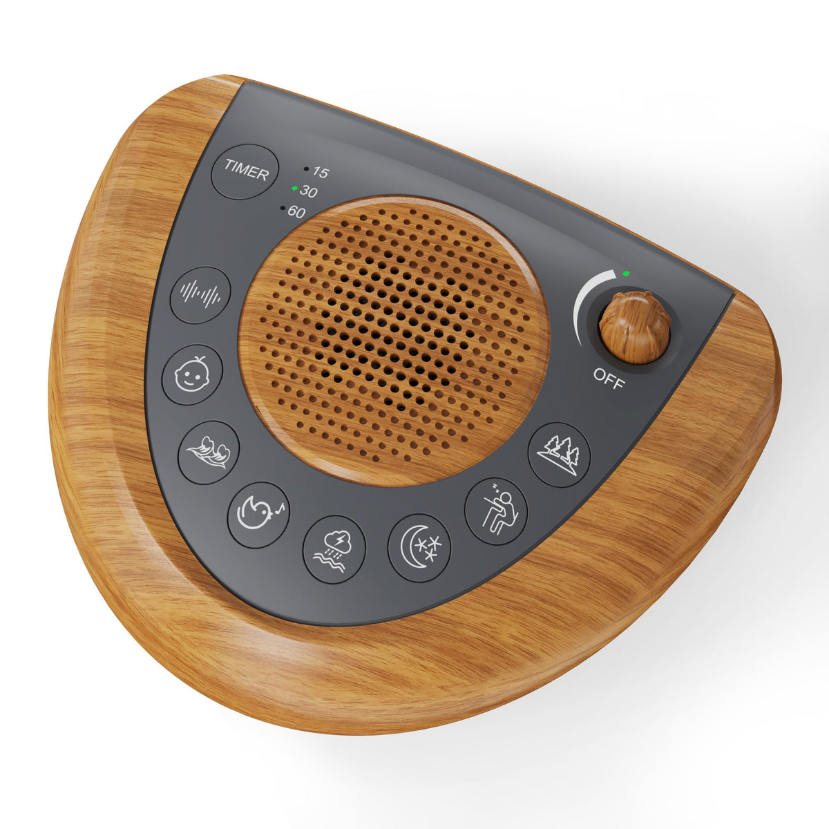 Raynic Noise Machine with a warm wood-grain finish for a cozy sleep setup.