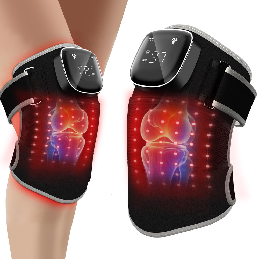 RAYOCON knee massager shows cordless ergonomic design for on-the-go relief.