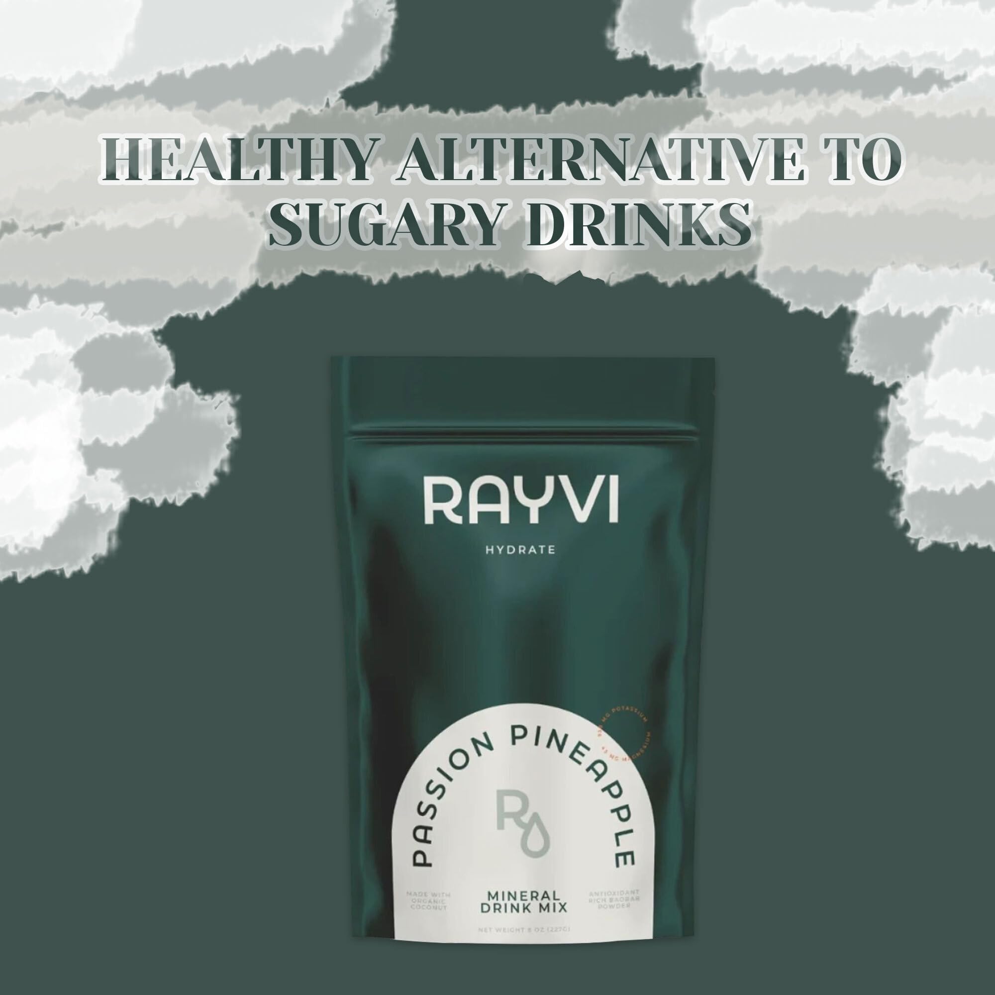 Rayvi packaging and label on shelf as vegan hydration option