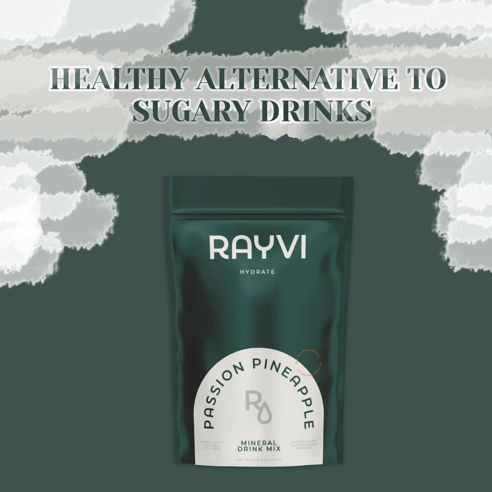 Rayvi packaging and label on shelf as vegan hydration option