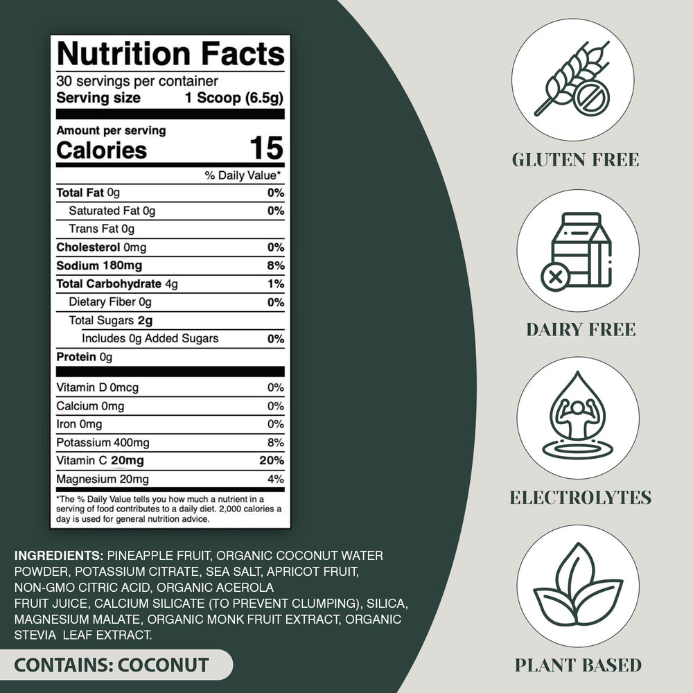 Rayvi electrolytes powder in glass with passion pineapple flavor for refreshing hydration