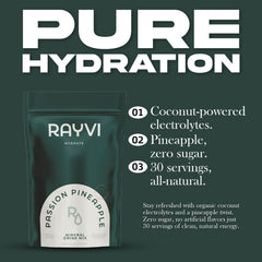 Close-up of Rayvi label highlighting natural ingredients and zero sugar