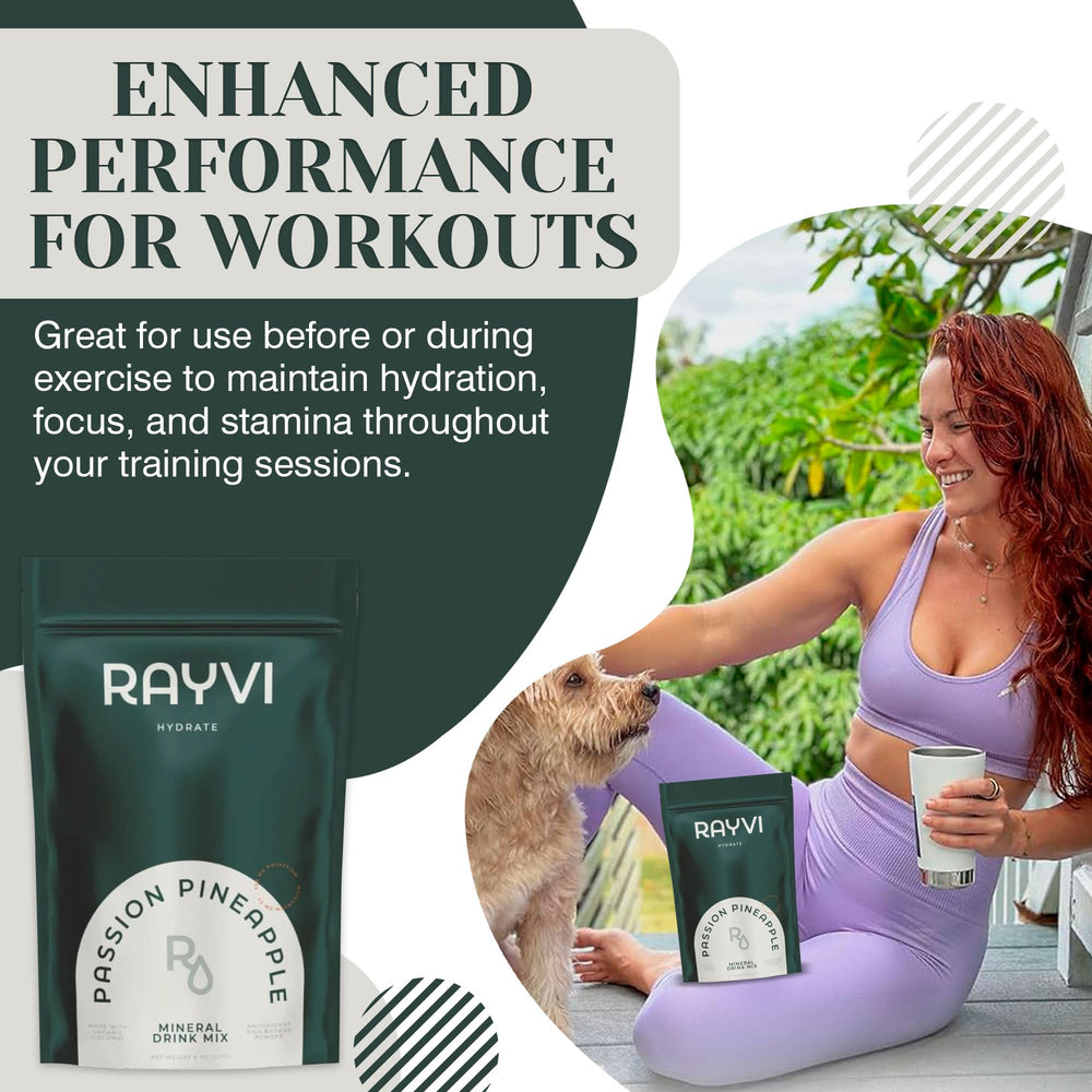 Rayvi powder scoop measuring a serving for on-the-go hydration
