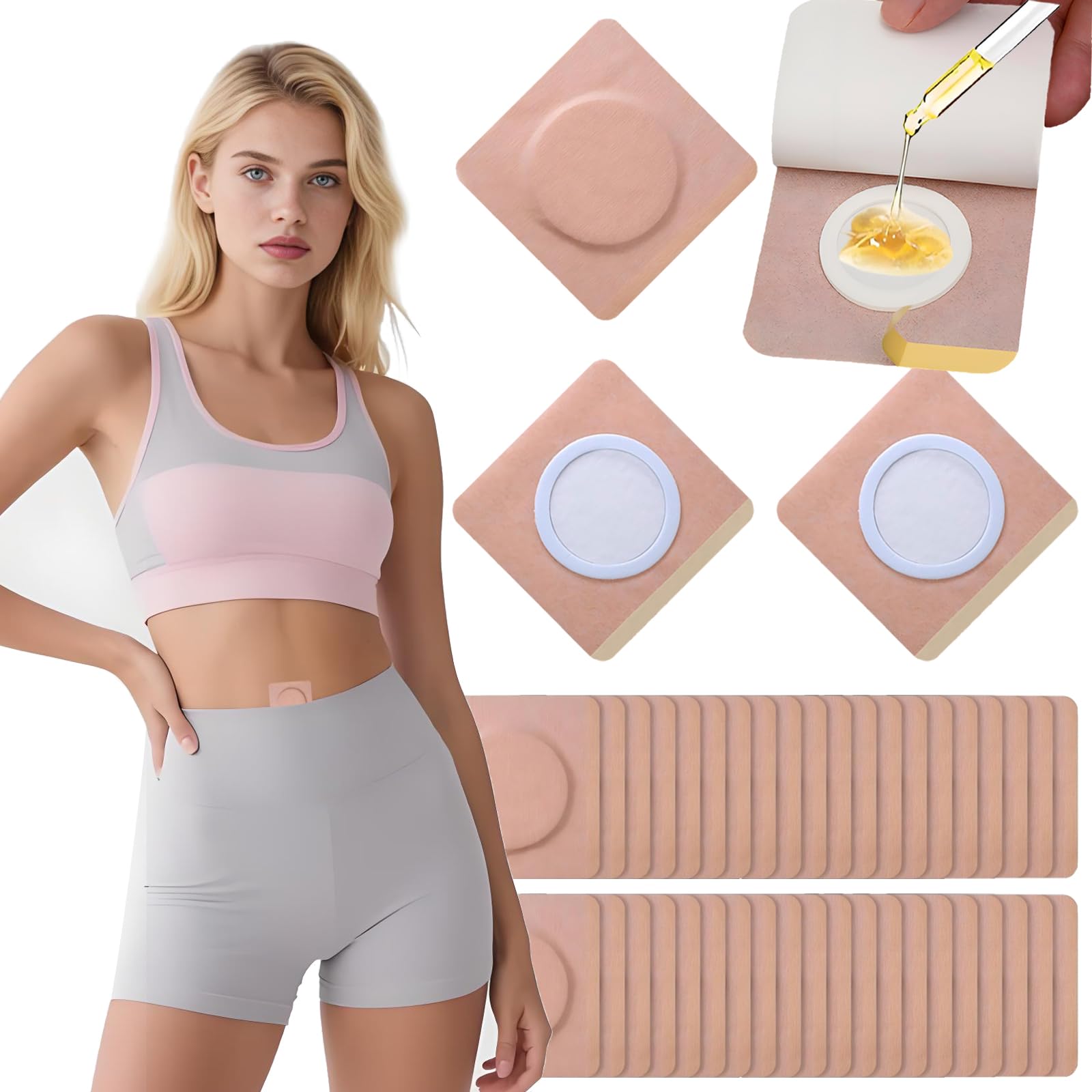 Rayyl castor oil patches placed on the belly button for targeted, clean wear