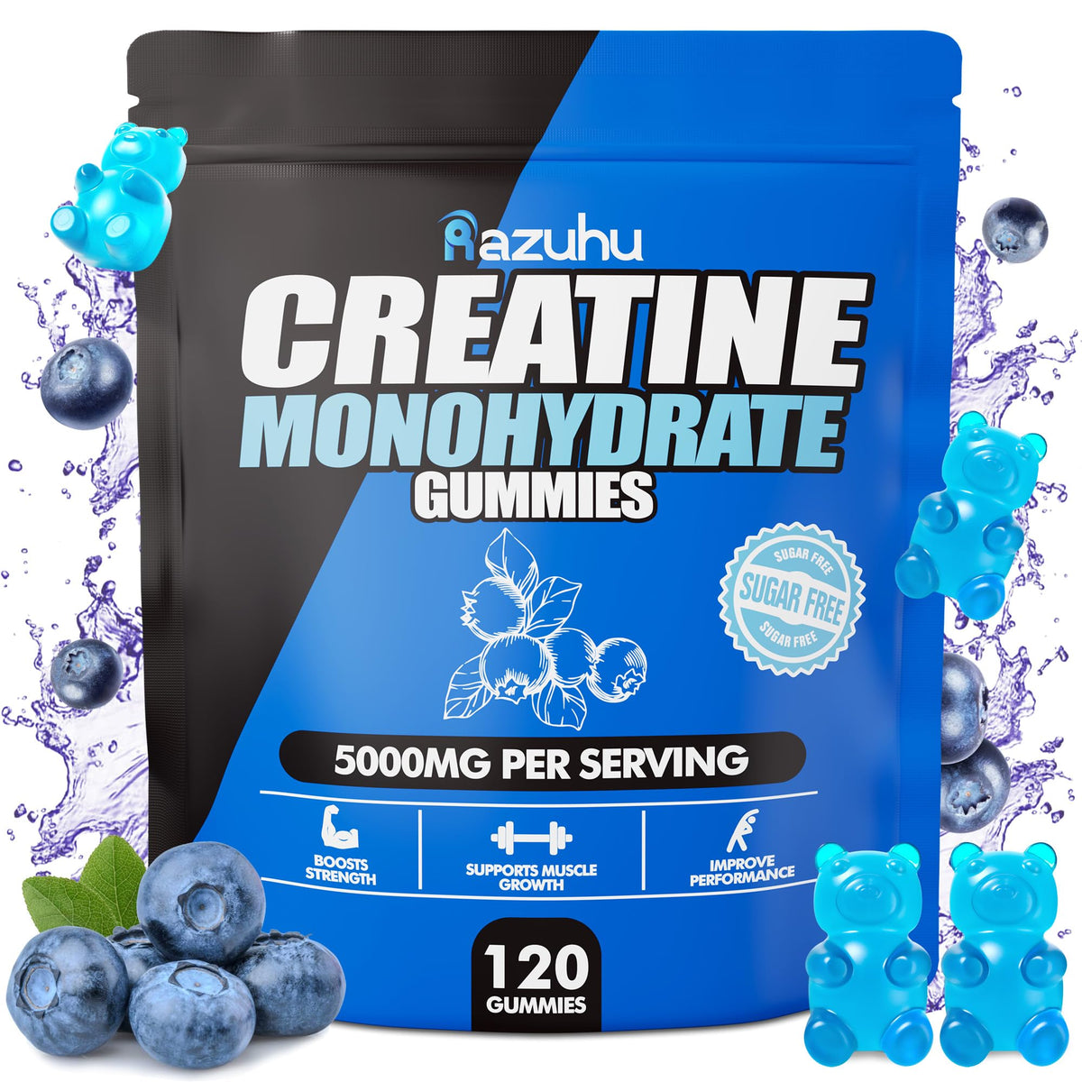 Razuhu Creatine Monohydrate Gummies bottle with blue blueberry flavor for workouts and energy.