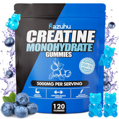 Razuhu Creatine Monohydrate Gummies bottle with blue blueberry flavor for workouts and energy.