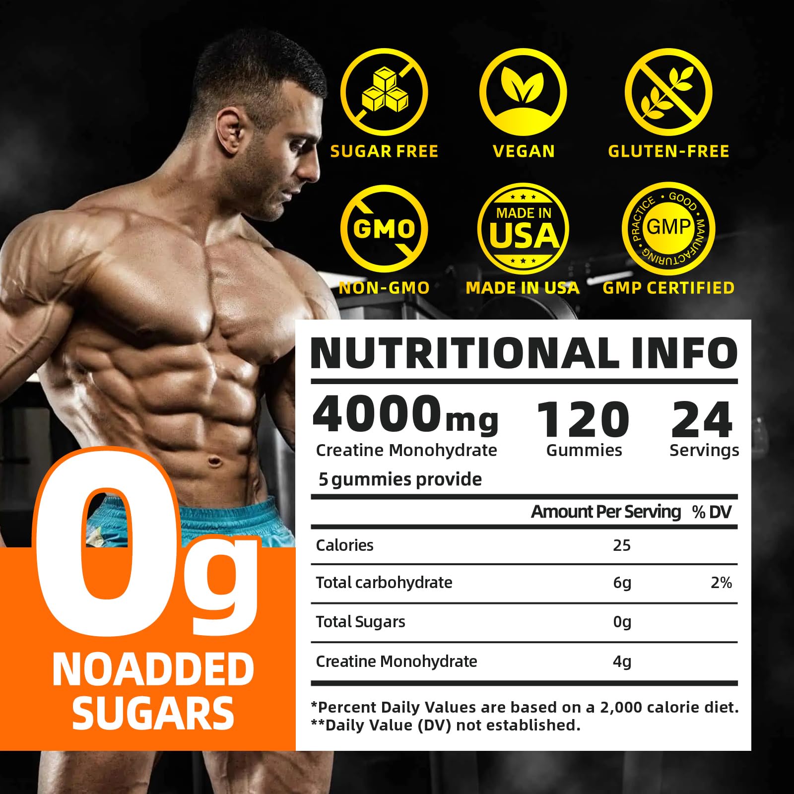 Razuhu Creatine Monohydrate Gummies orange close-up showcasing vegan, sugar-free formula