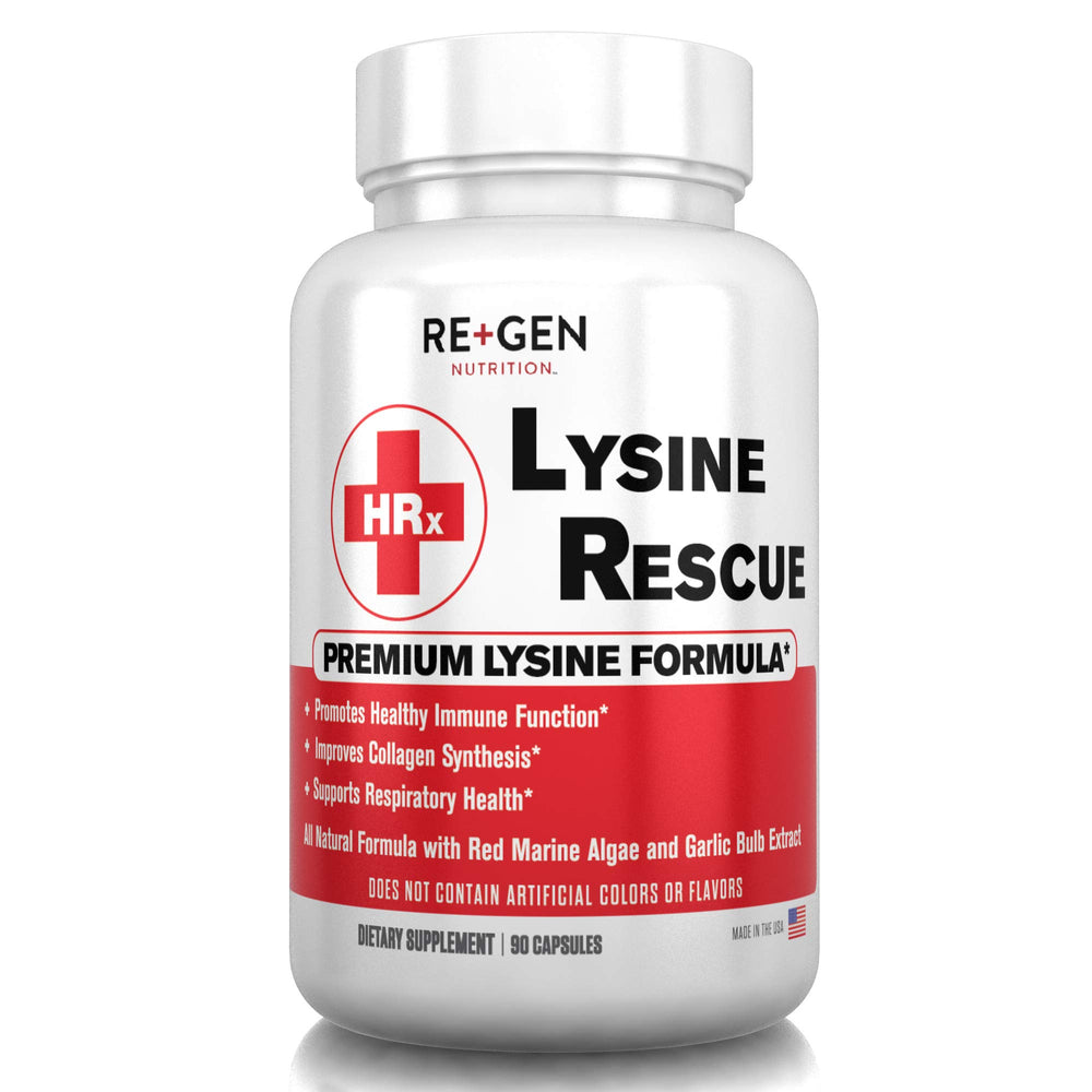 Re+Gen Nutrition Lysine Rescue bottle front shows pure L-lysine for immune health support