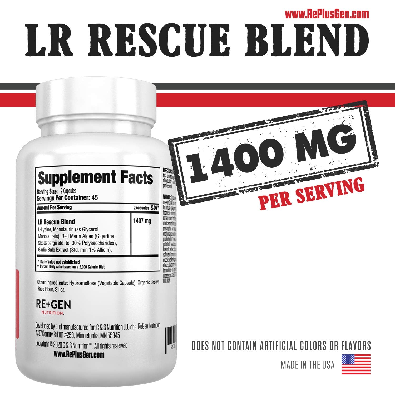 Re+Gen Nutrition Lysine Rescue ingredient panel highlights Monolaurin, Red Algae, Allicin for immune support