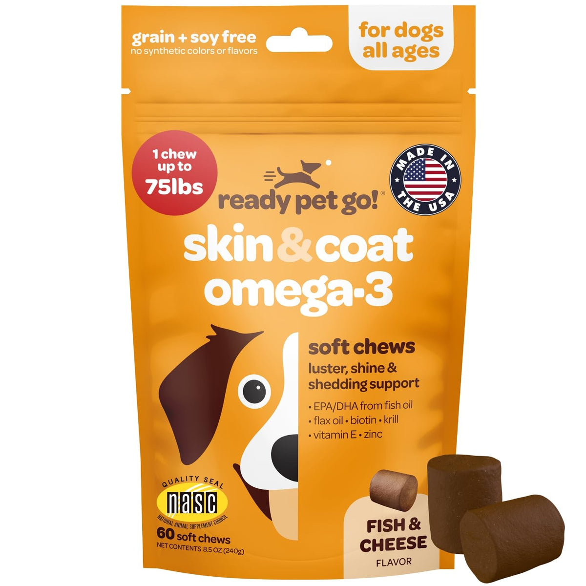 Ready Pet Go Omega-3 soft chews bottle front for dogs' coat health