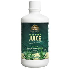 Real Aloe Jugo de Aloe Vera, vista frontal de la botella, consumo diario suave.