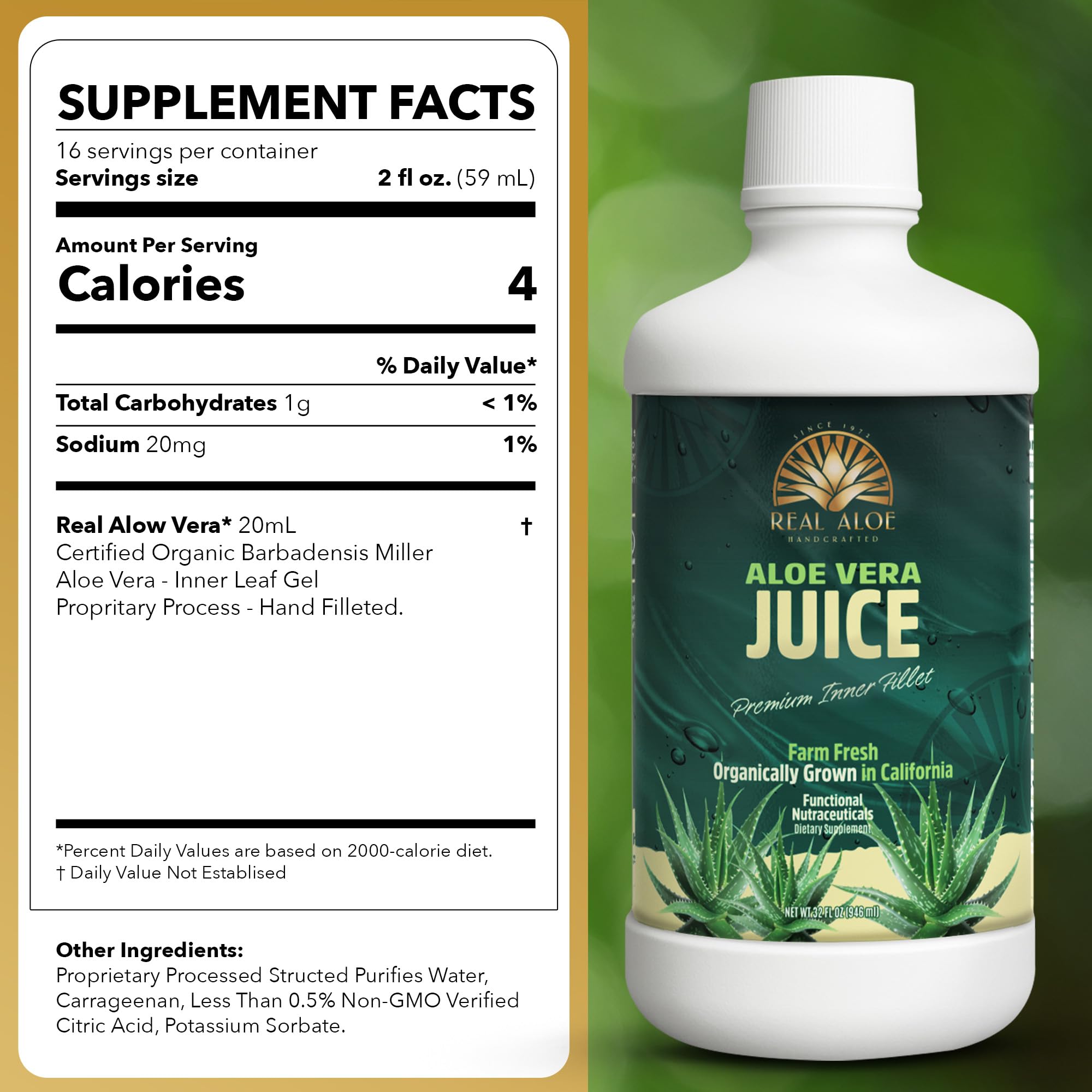 Real Aloe Jugo de Aloe Vera, etiqueta verde, pureza lista para consumo diario.