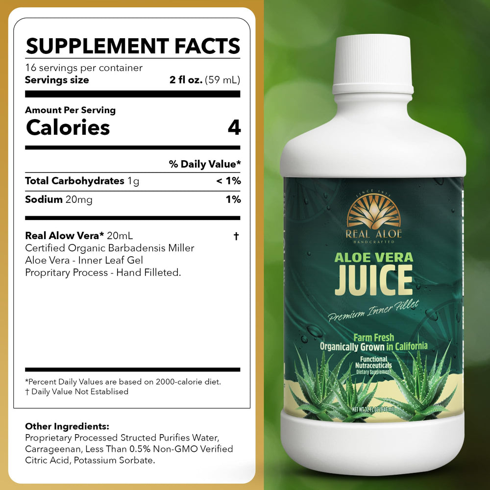Real Aloe Jugo de Aloe Vera, etiqueta verde, pureza lista para consumo diario.