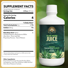 Real Aloe Jugo de Aloe Vera, etiqueta verde, pureza lista para consumo diario.