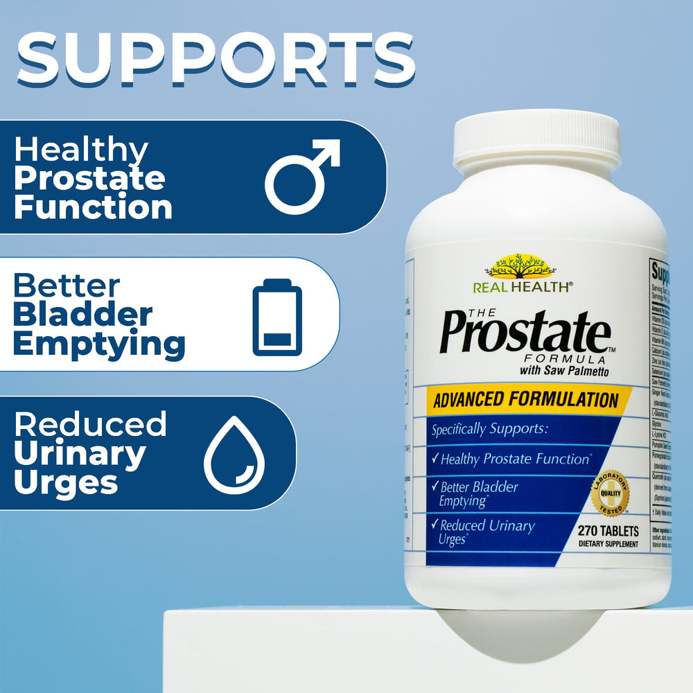Real Health Prostate Formula box front highlighting full 90-day supply for ongoing use.