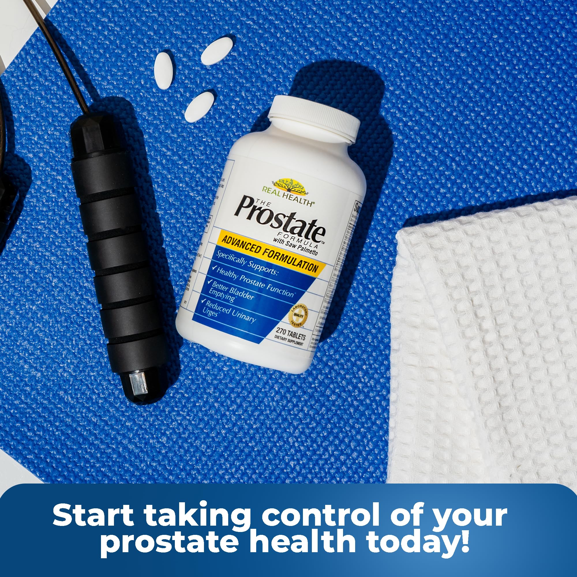 Real Health Prostate Formula daily-dose concept showing three-tablet serving for daily support.