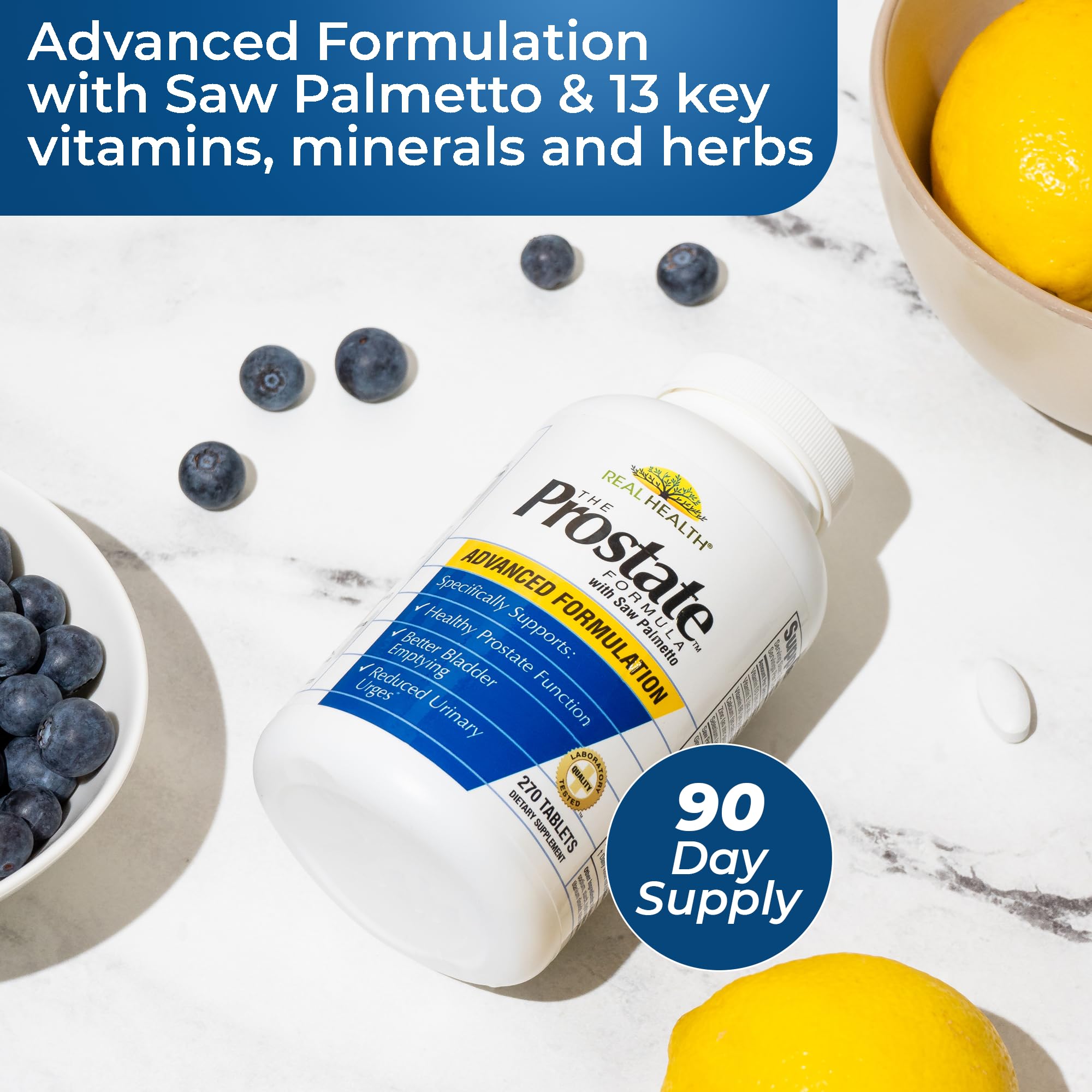 Real Health Prostate Formula tablets close-up showing capsules for daily maintenance.