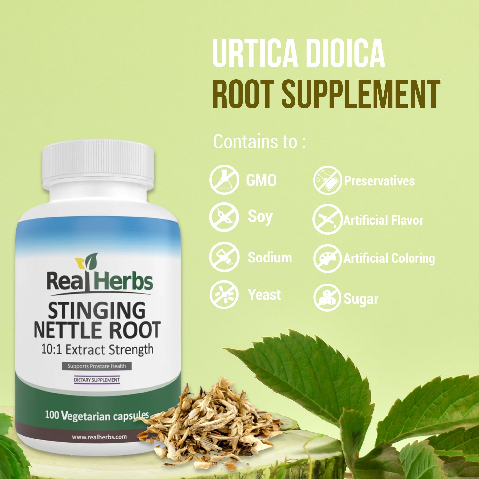 Close-up of Real Herbs 750mg nettle root extract capsule, highlighting potency.
