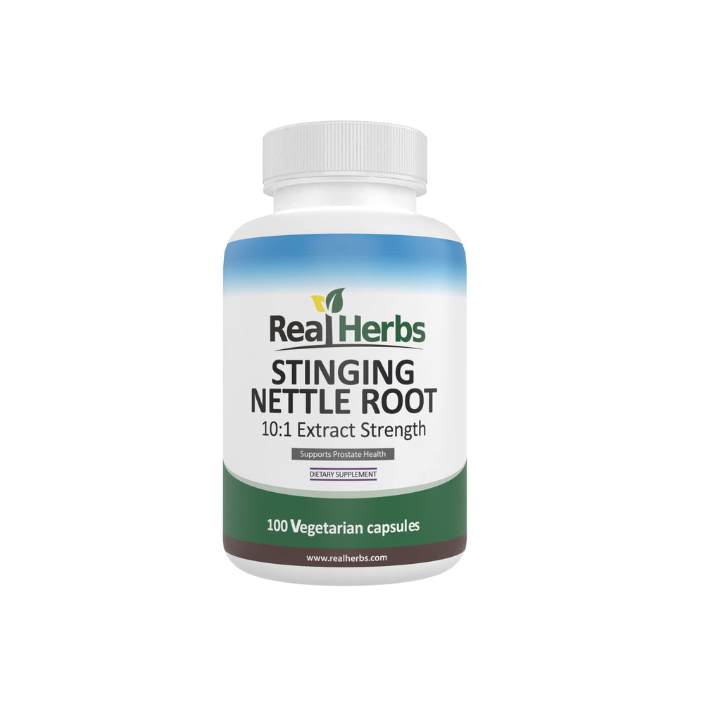 Real Herbs Stinging Nettle Root bottle with easy-to-swallow capsules for daily support.