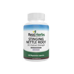 Real Herbs Stinging Nettle Root bottle with easy-to-swallow capsules for daily support.
