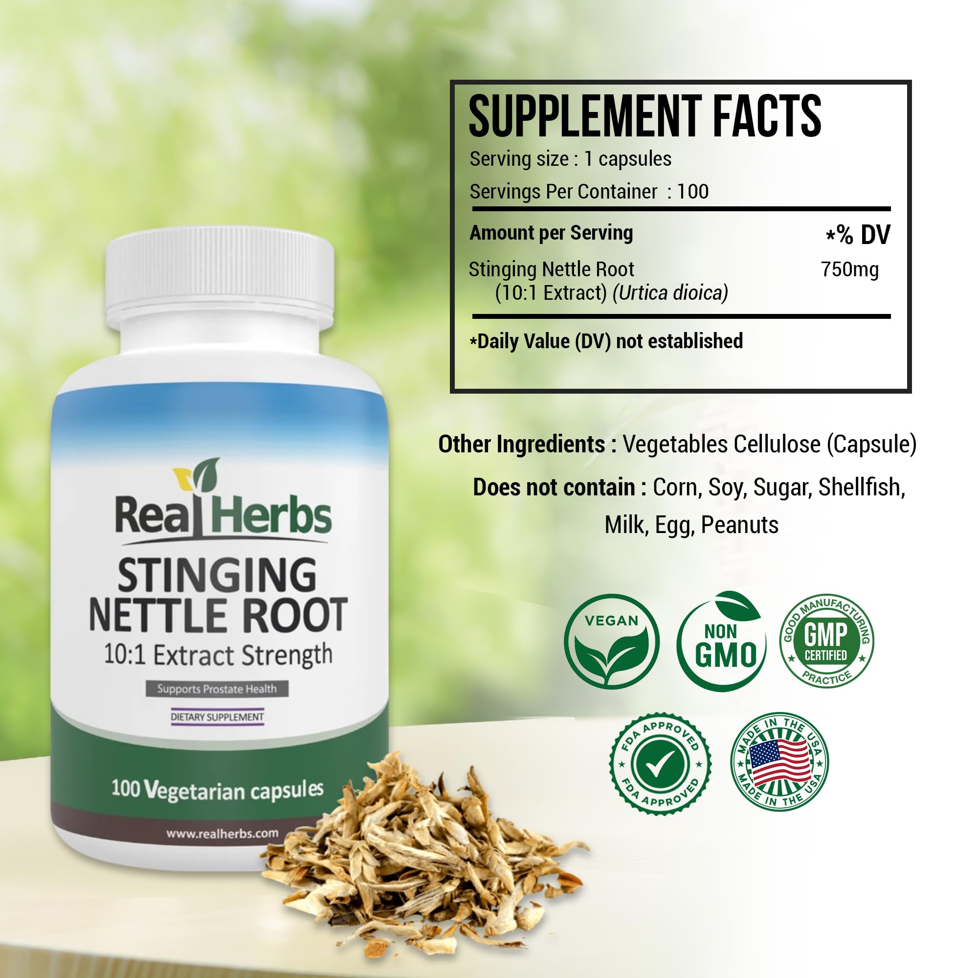 Real Herbs nettle root capsules in a bottle, vegetarian-friendly daily supplement.