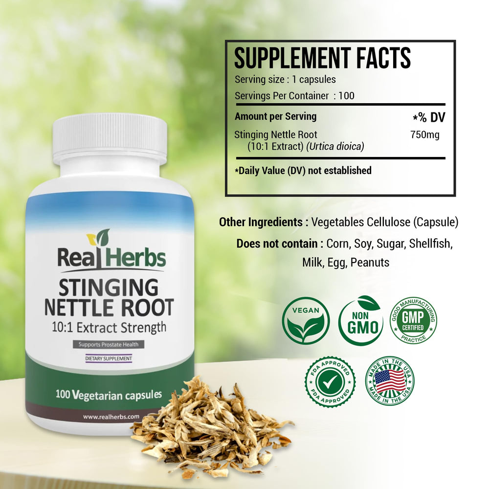 Real Herbs nettle root capsules in a bottle, vegetarian-friendly daily supplement.