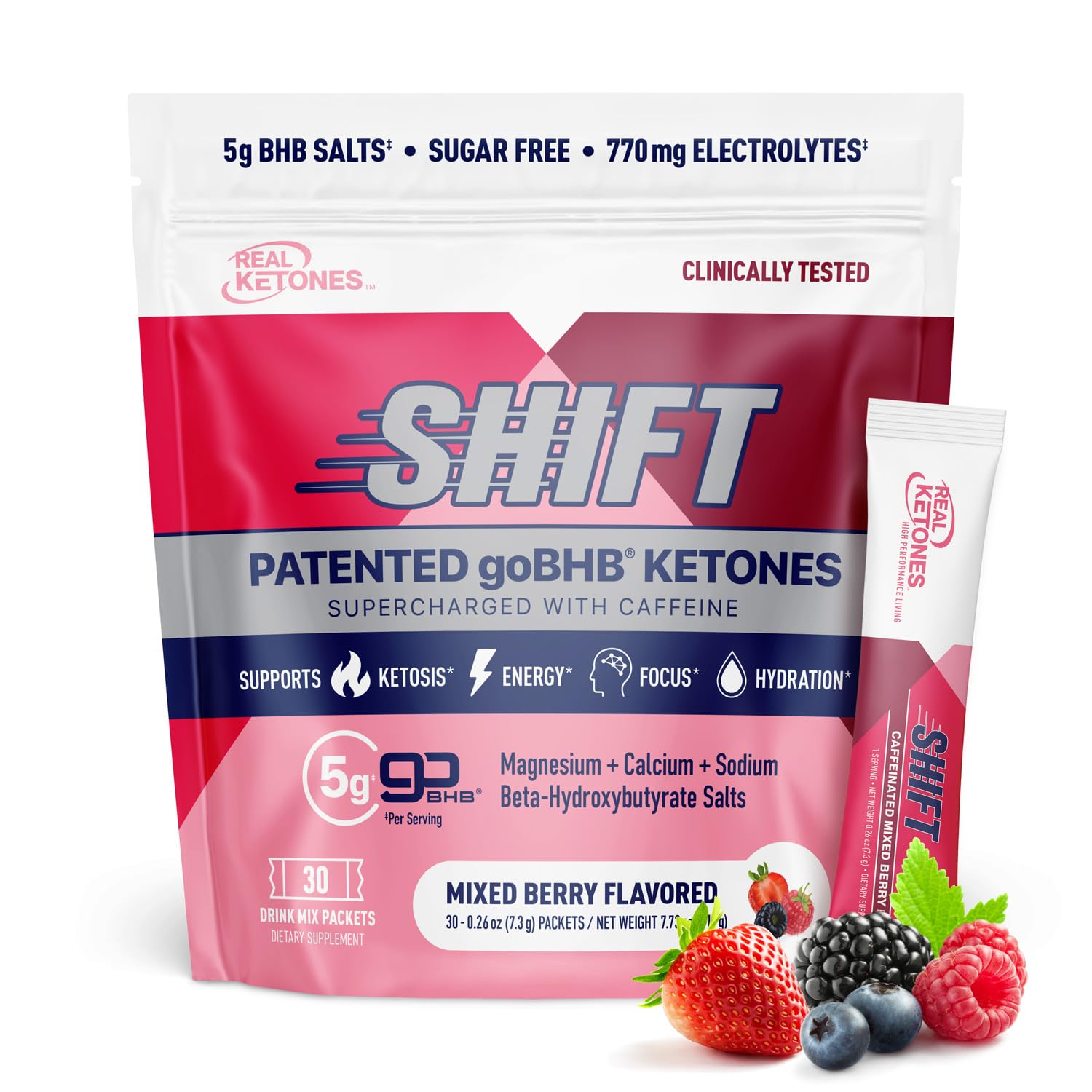 Real Ketones BHB berry drink packet on a kitchen counter for keto energy.