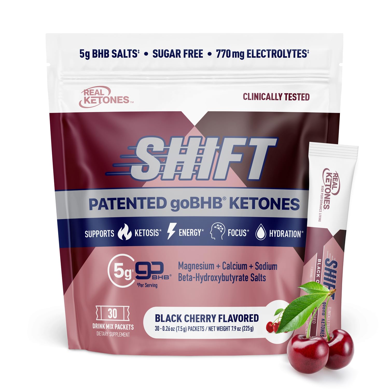 Real Ketones BHB drink mix in black cherry bottle showing hydration benefits.