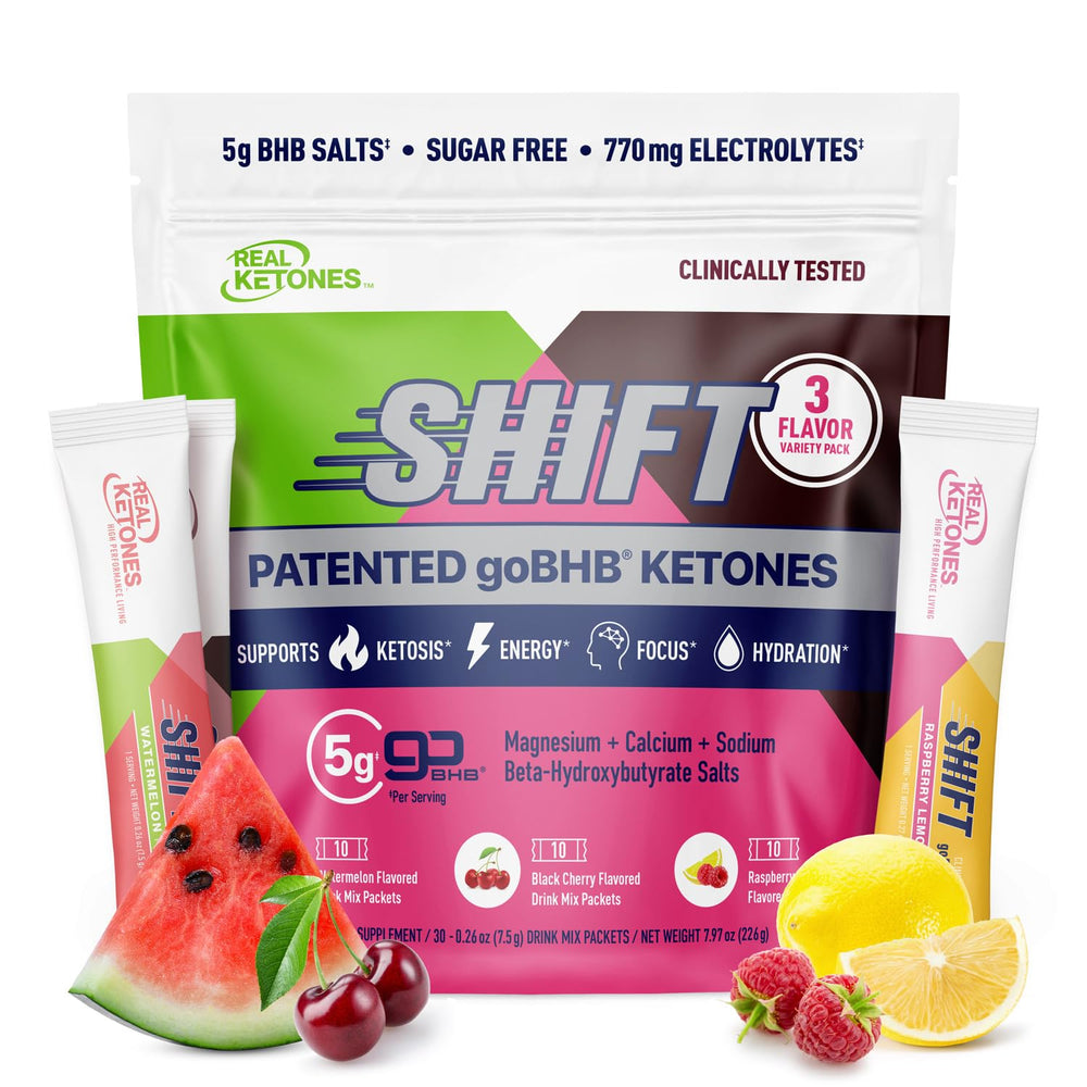 Real Ketones BHB drink mix packets on a table, showcasing convenient keto hydration.