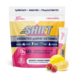 Real Ketones BHB exogenous ketones drink pack Raspberry Lemonade front view highlighting energy potential