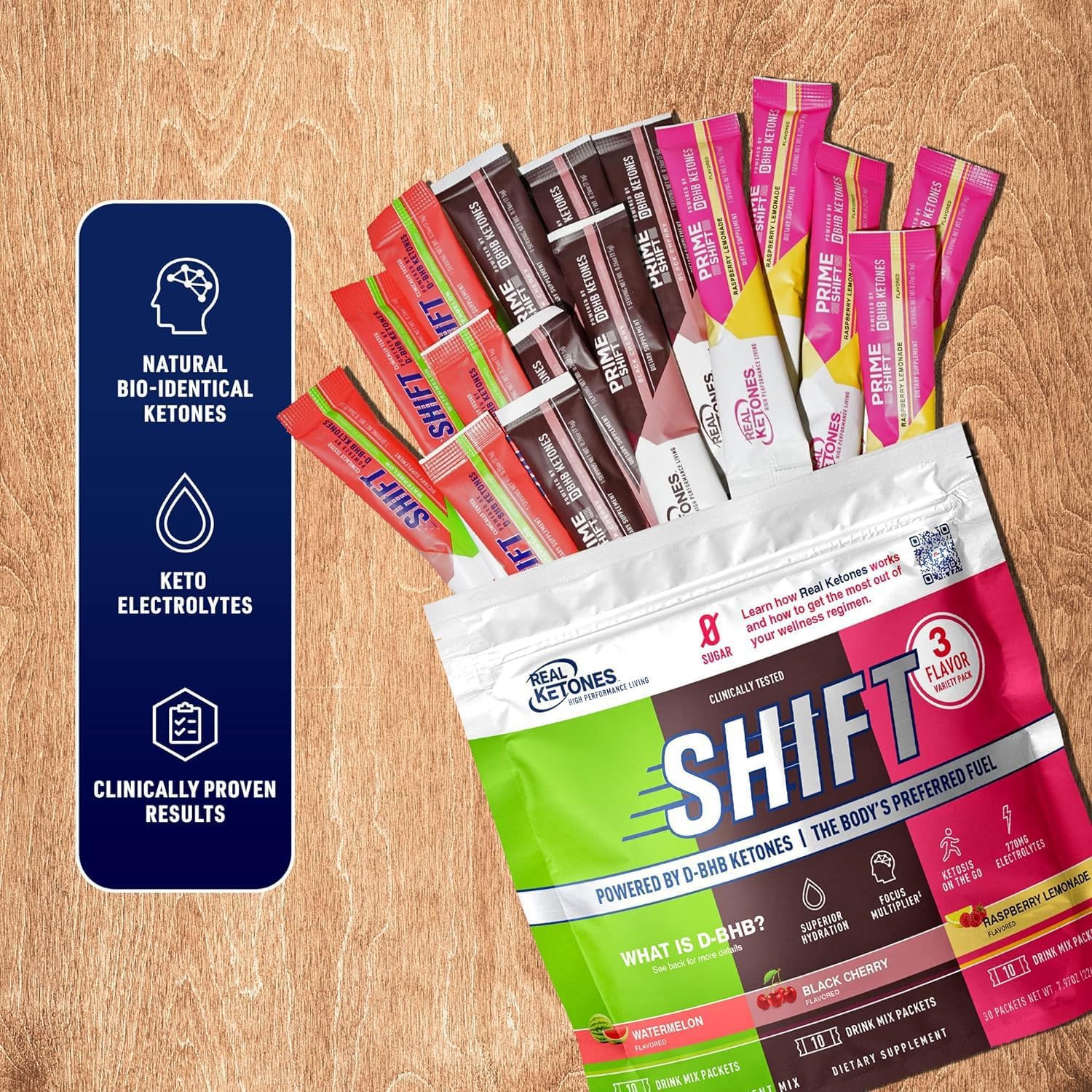 Sugar-free Real Ketones electrolyte packets offering caffeine-free hydration.