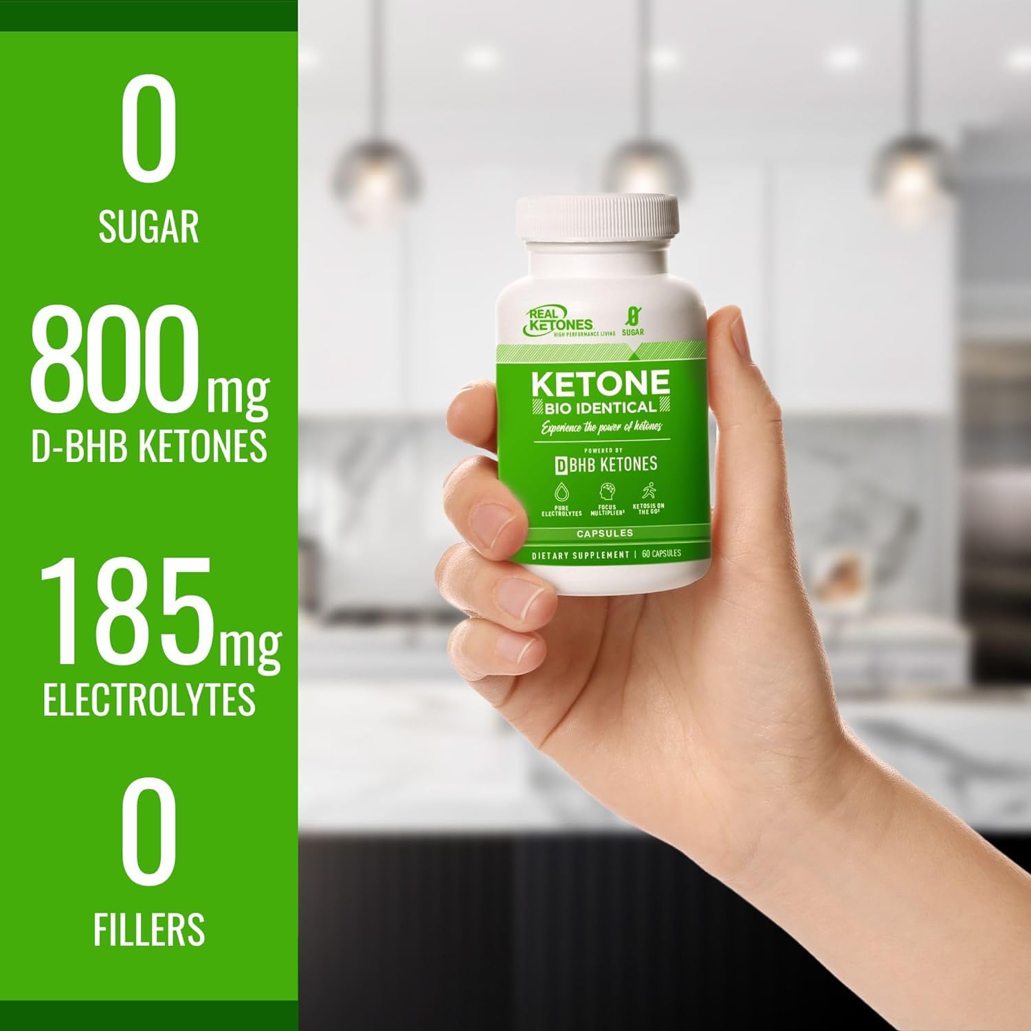 Real Ketones Keto BHB salts capsules in hand for on-the-go wellness