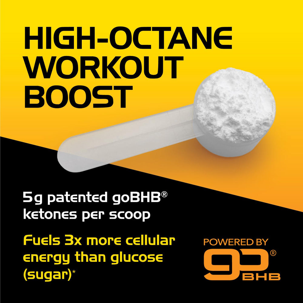 Real Ketones nootropic stim-free powder scoop highlights ready-to-mix formula for sustained stamina