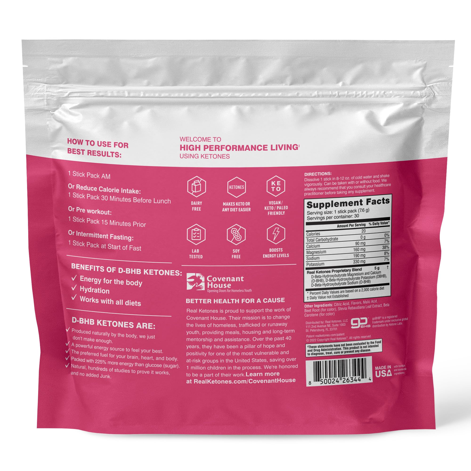 Real Ketones nutrition facts panel indicating no sugar and keto compatibility