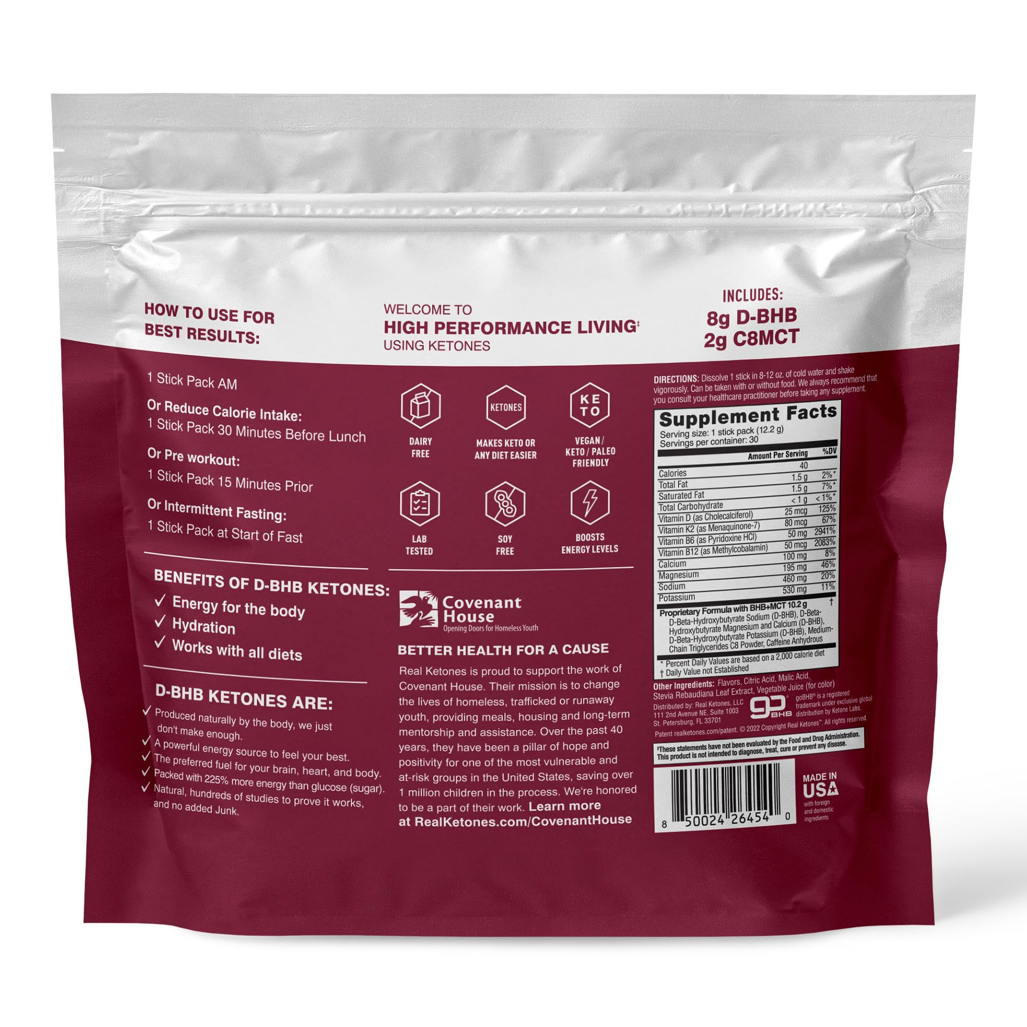 Resealable Real Ketones packet emphasizing sugar-free formula.