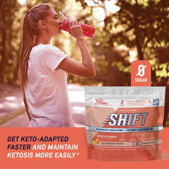 Real Ketones peach-flavor drink in glass for keto hydration.