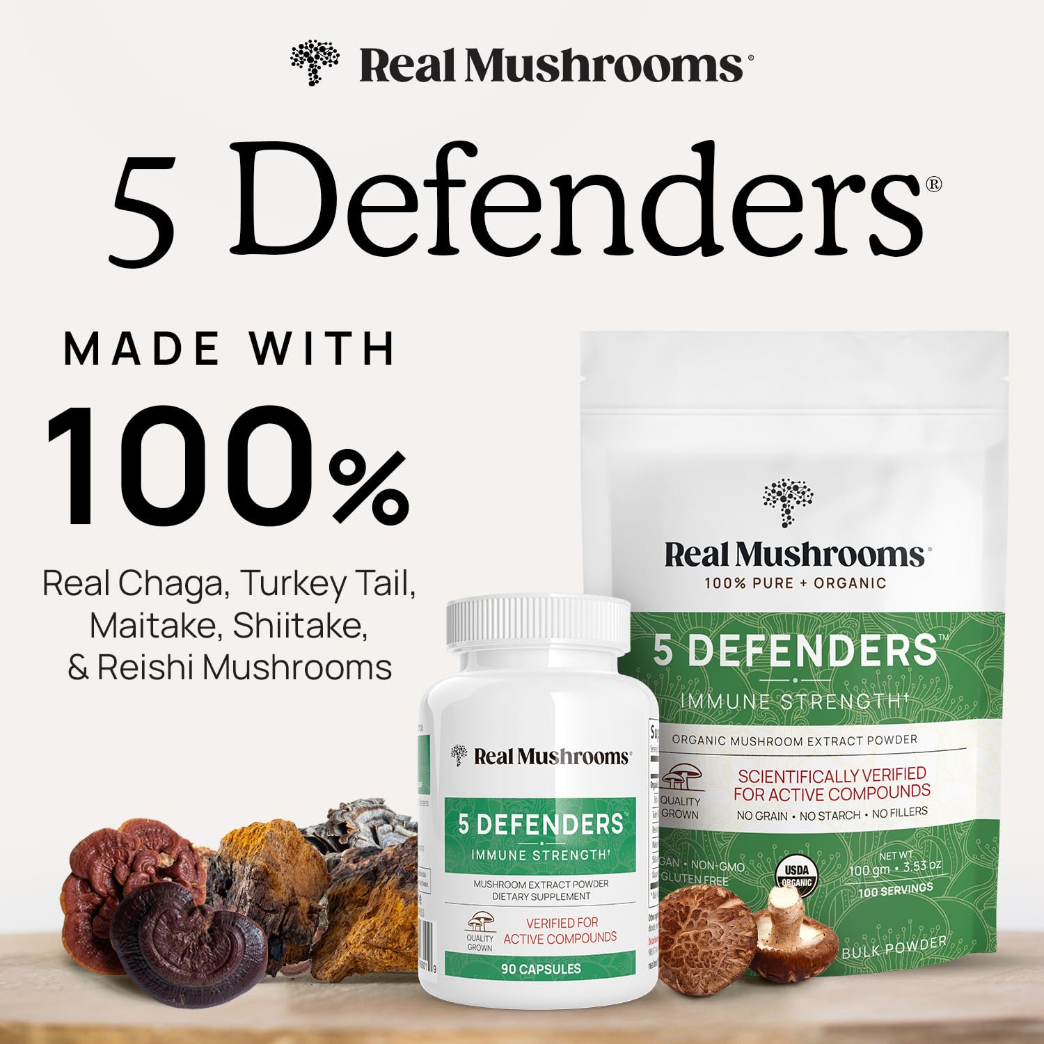 Real Mushrooms 5 Defenders bottle back with nutrition facts for transparency