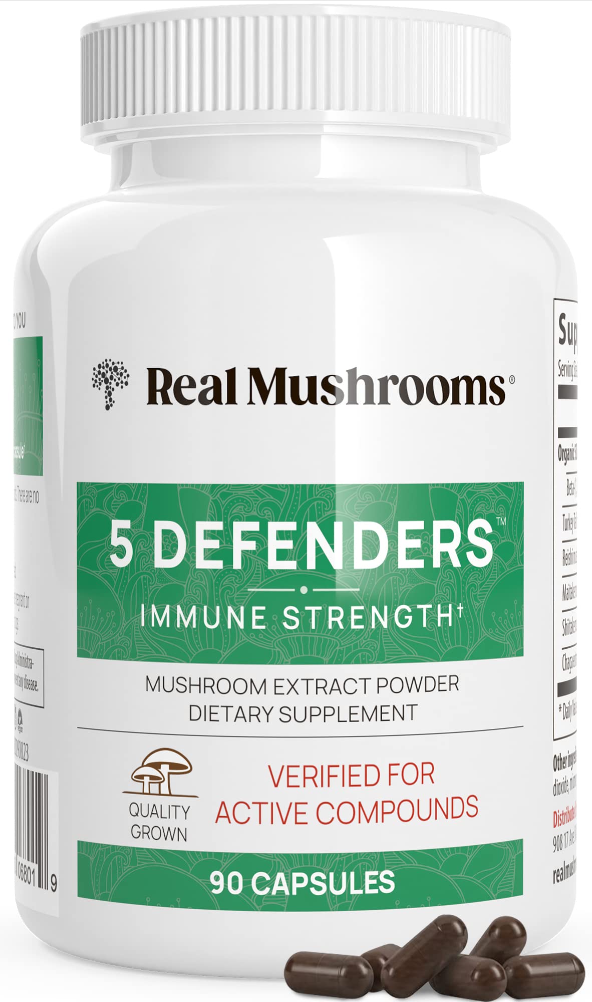 Real Mushrooms 5 Defenders bottle front showing a clean label for daily wellness support