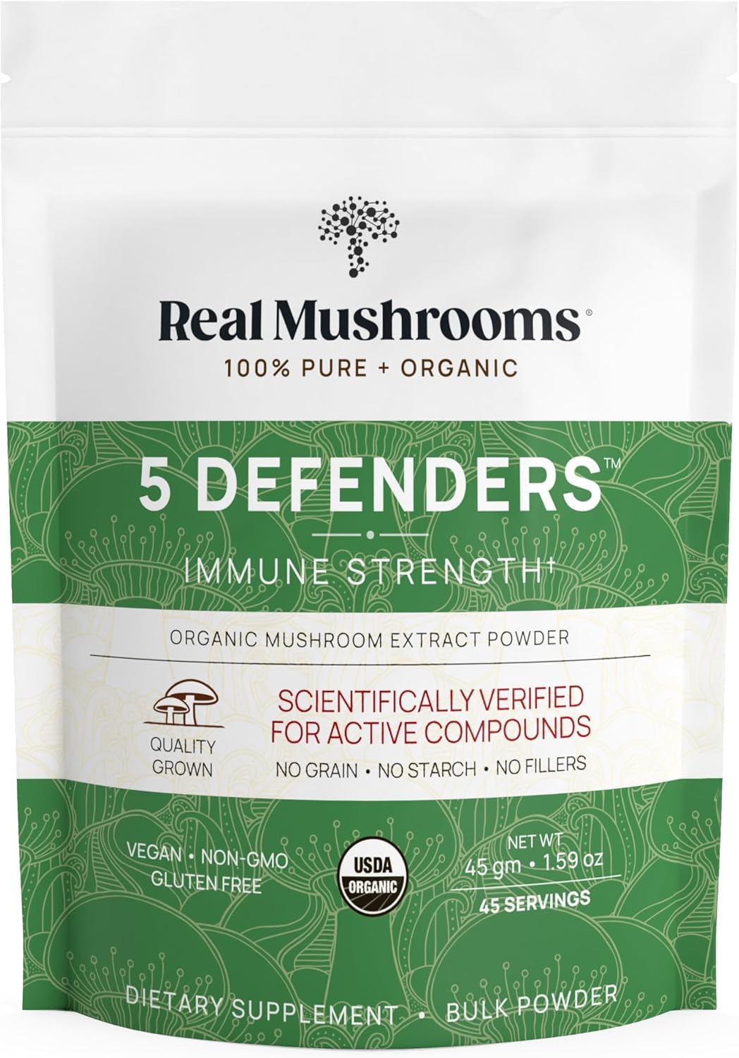 Real Mushrooms 5 Defenders bottle label close-up showing 5-mushroom blend