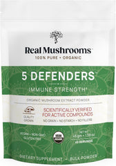 Real Mushrooms 5 Defenders bottle label close-up showing 5-mushroom blend