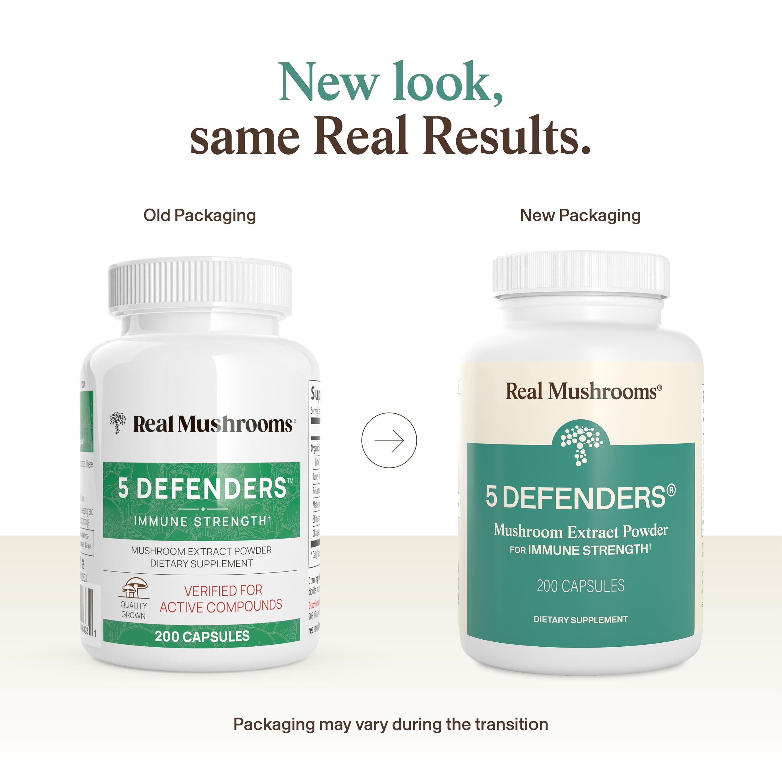 Real Mushrooms 5 Defenders capsules close-up highlighting vegan, gluten-free formula