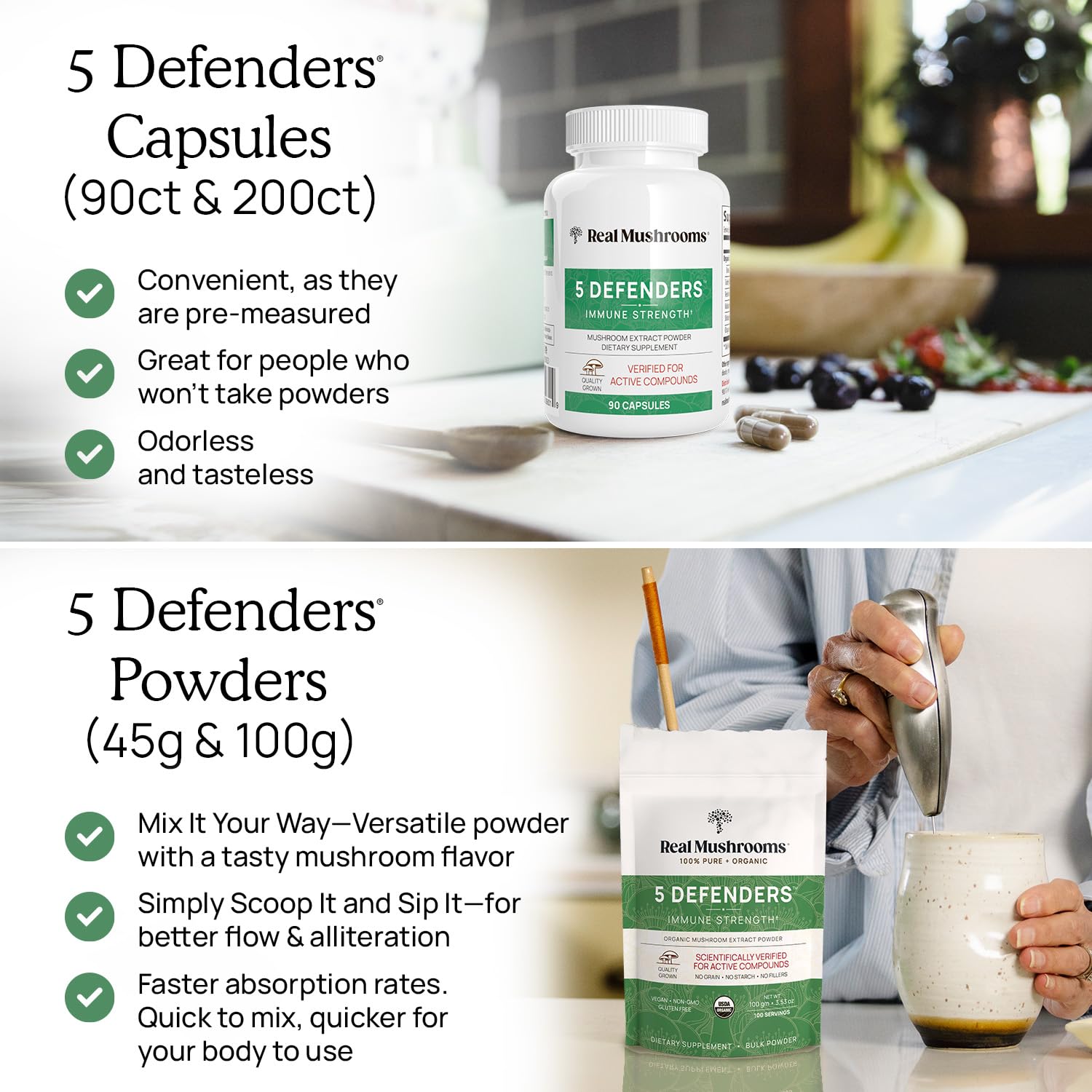 Real Mushrooms 5 Defenders daily routine with capsules and a glass of water
