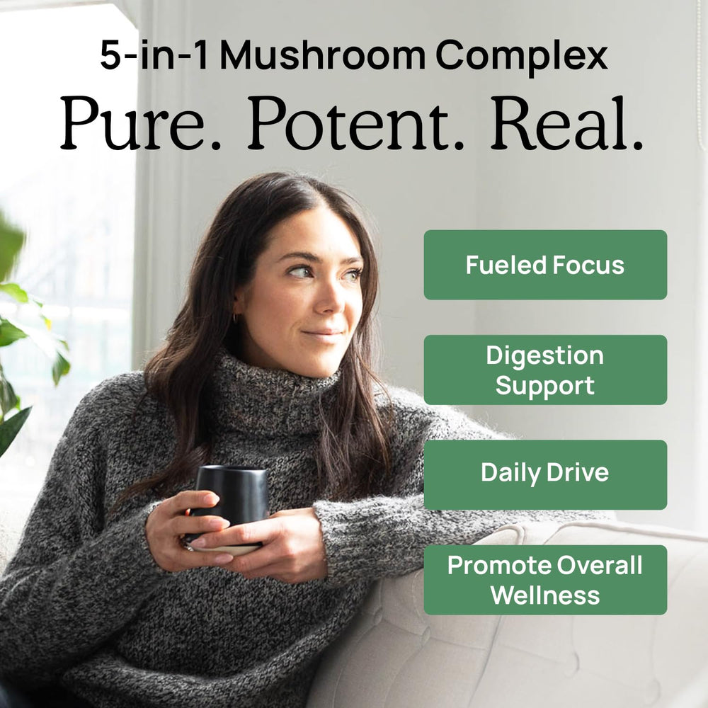 Real Mushrooms 5 Defenders organic mushroom extract seal and fruiting bodies