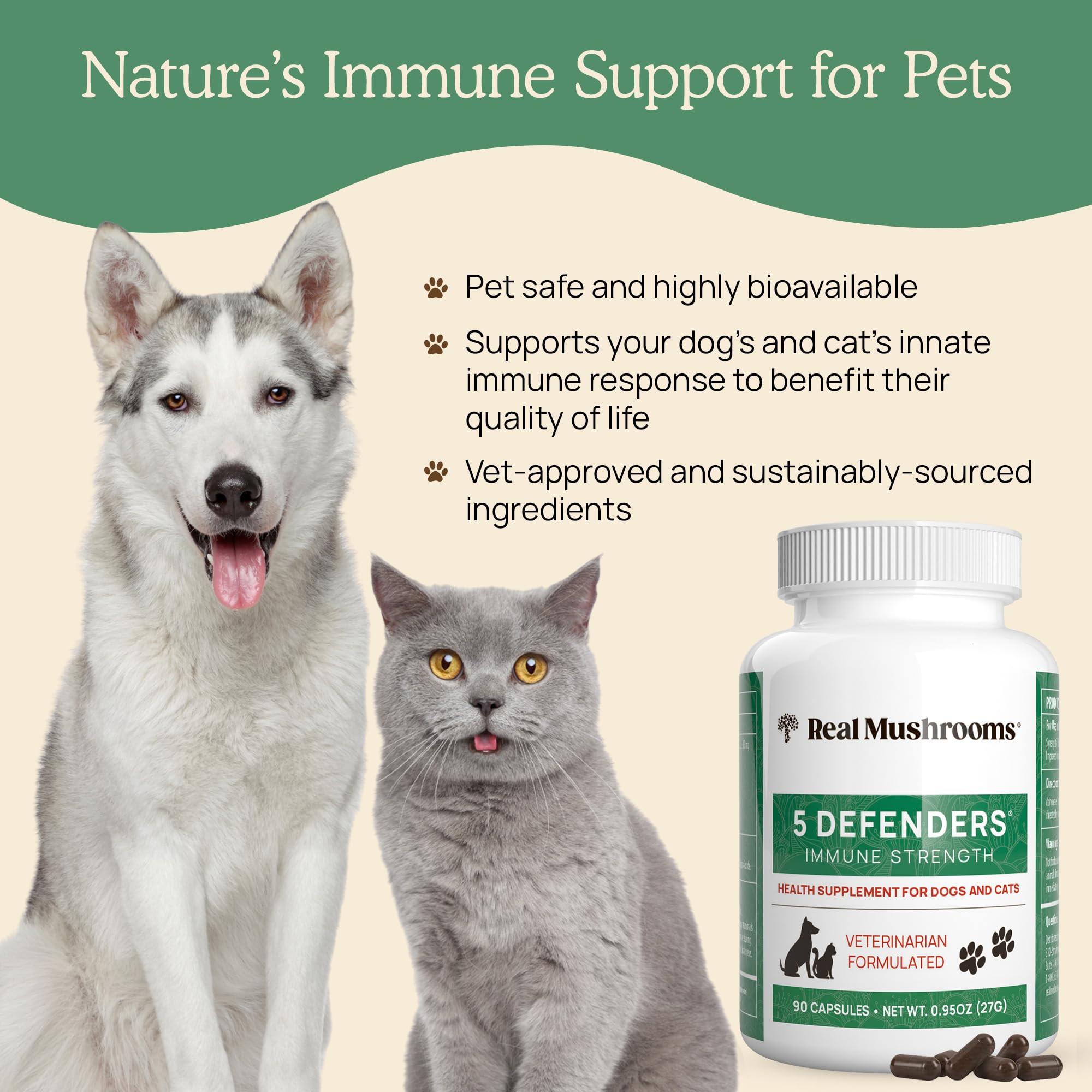 Real Mushrooms 5 Defenders maitake capsule for broad pet support.