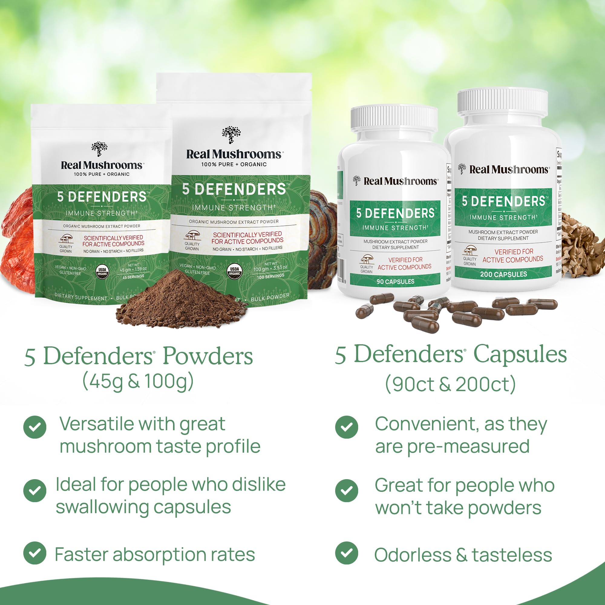 Real Mushrooms 5 Defenders packaging close-up underlining NSF-certified quality